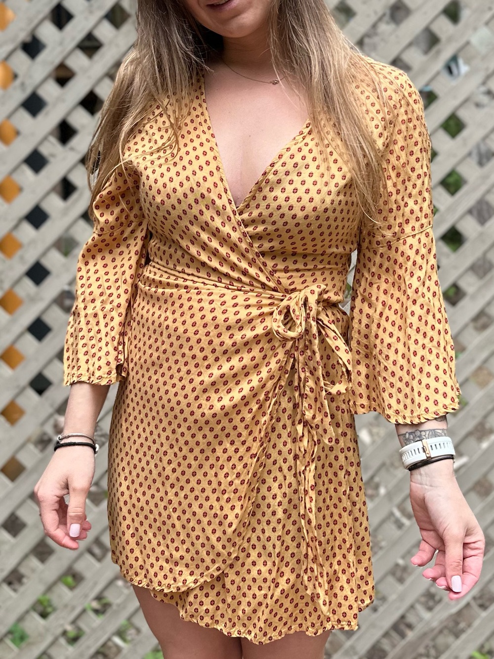 Billabong Mustard Wrap Mini Dress with Red Dot Print